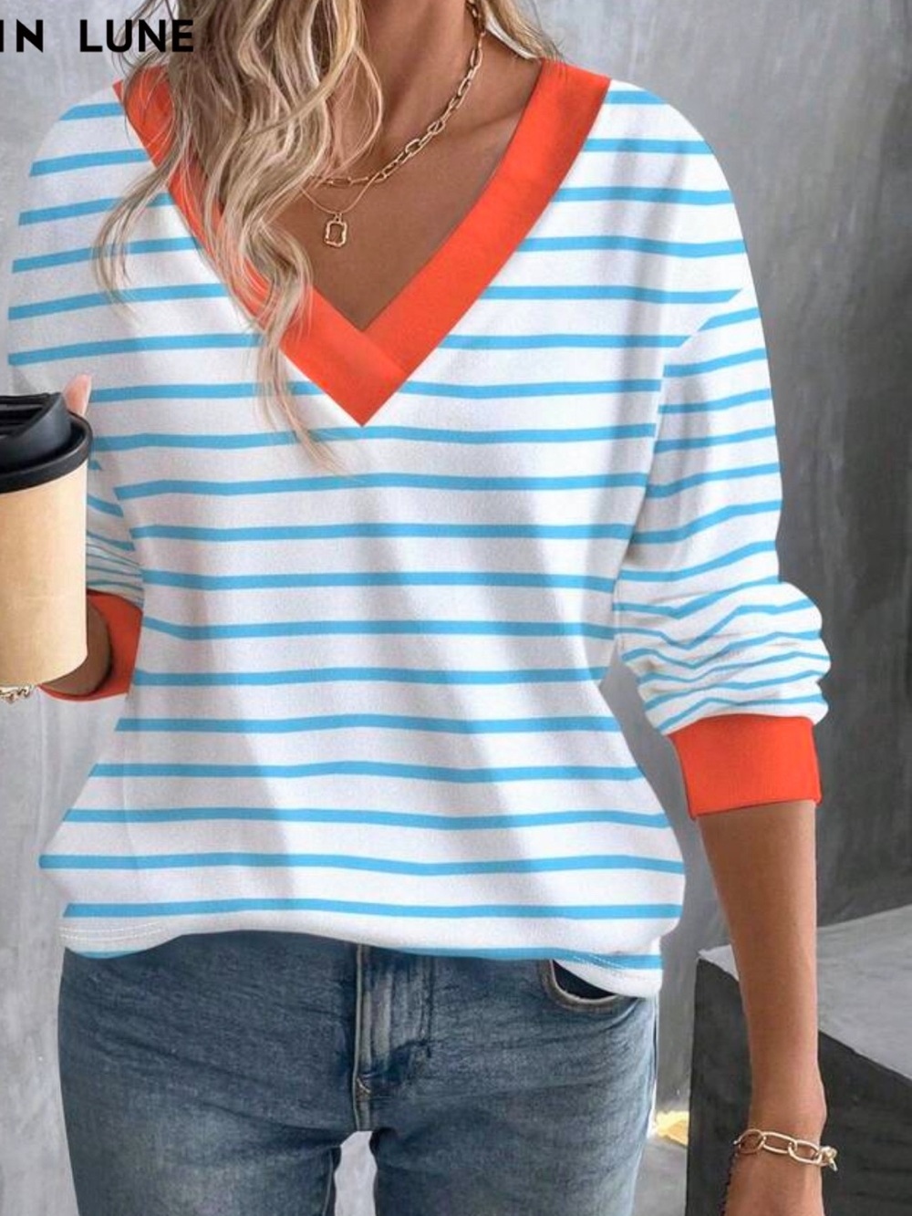 Striped V-Neck Sweater with Orange Trim